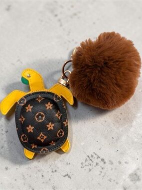 Yellow Turtle Key & Card Holder with Brown Pom Pom